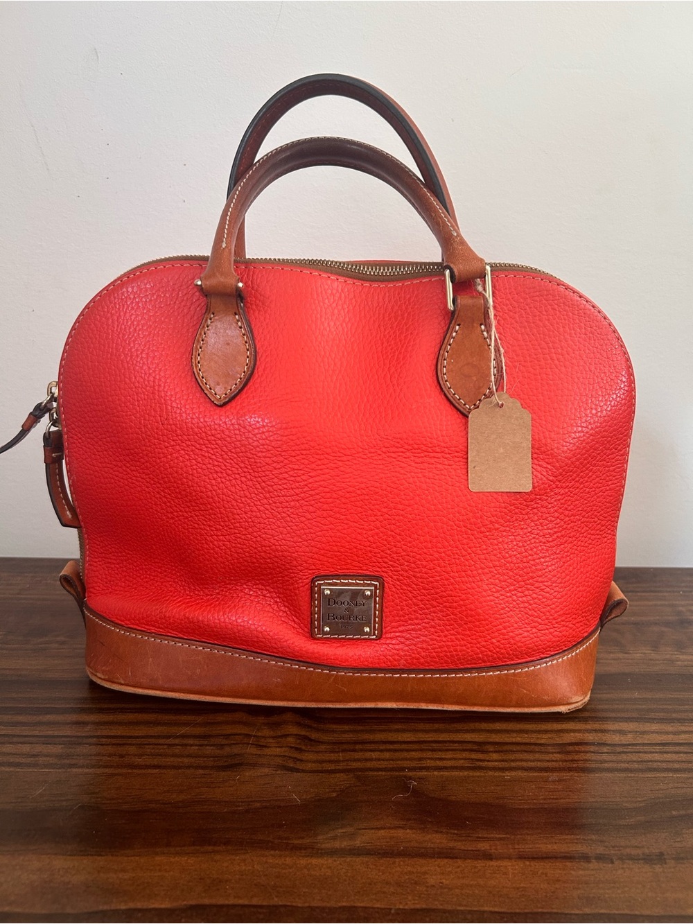 Dooney & Bourke Red Pebble Leather Satchel with Brown Trim